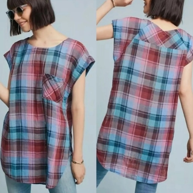 Akimi + Kim | Anthropologie Gauzy Plaid Cap Sleeve Tunic Blue Red Metallic Boho